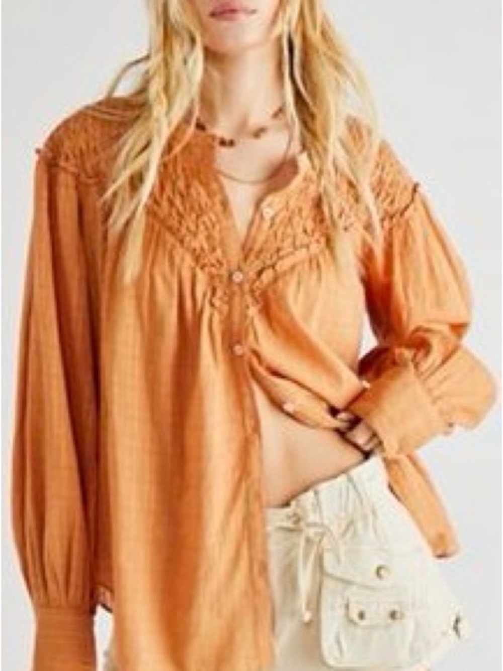 Free People Marigold 100% Cotton Button Down Boho Smocked Yoke Long-Sleeve Top